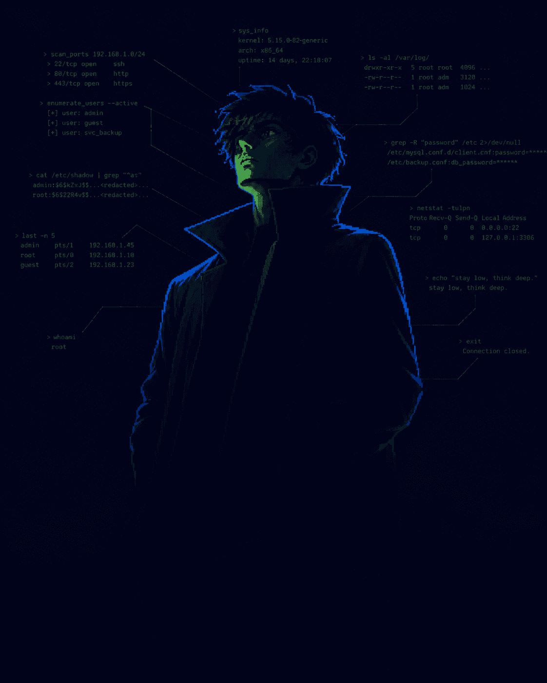 Dark editorial portrait of Friday, a sharp personal AI wingman with green command-line accents